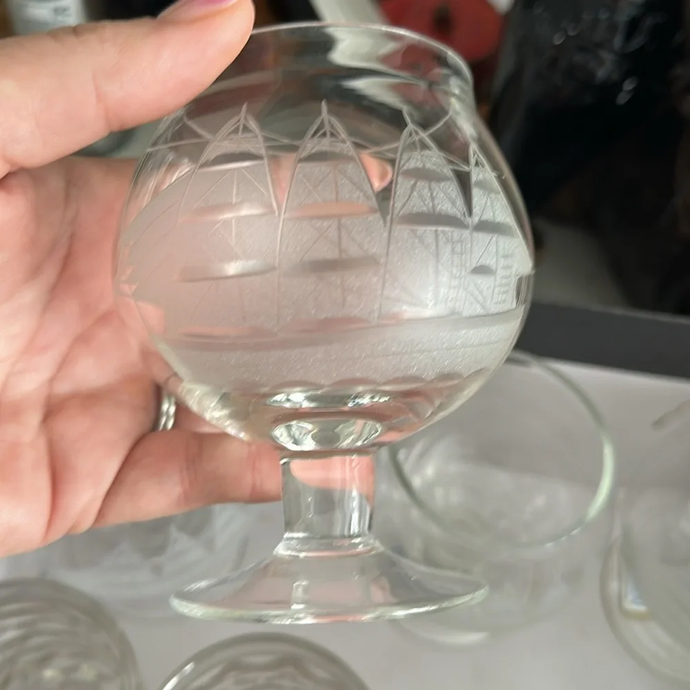 Vintage 4 Brandy Cognac Snifters Etched Cut Clipper Ship Toscany hand blown